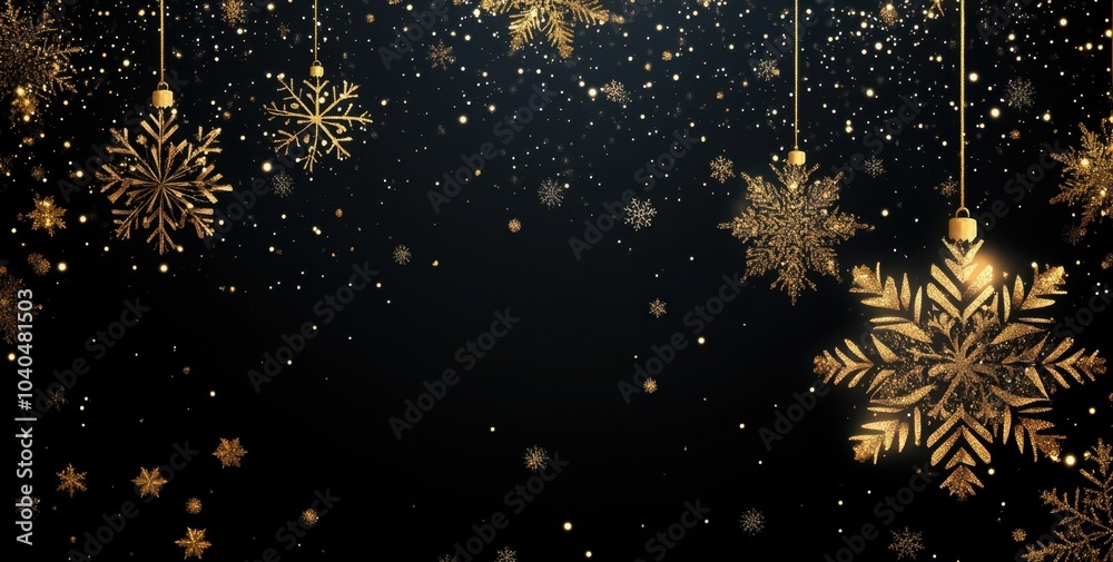 Naklejka premium A black background with golden, glittering snowflakes hanging from the corners, creating an elegant and festive atmosphere for Christmas or New Year's celebration designs Generative AI