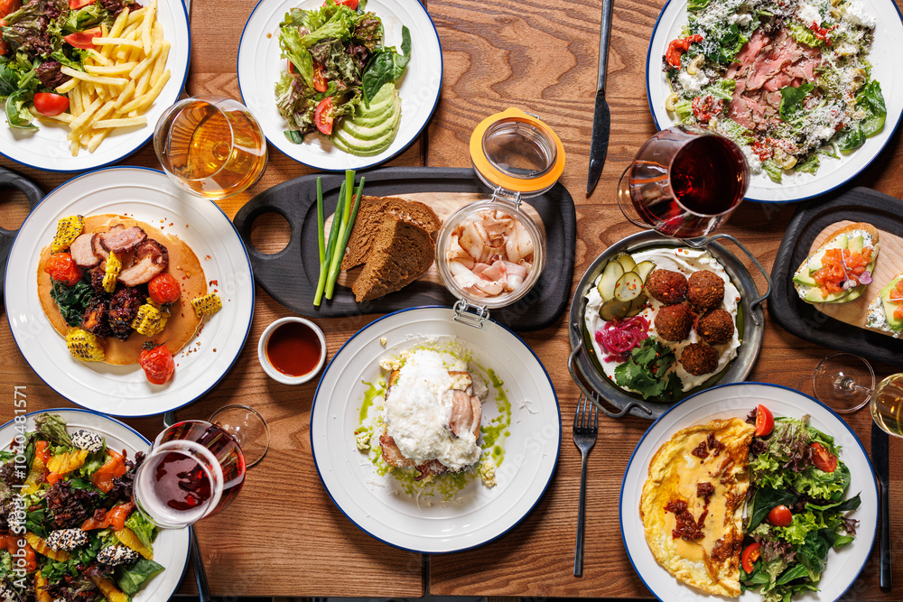 festive table with various food top view, no people festive table with various food top view, no people