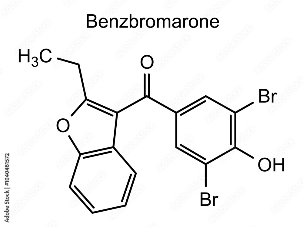 Chemical structure of benzbromarone, drug substance Chemical structure of benzbromarone, drug substance