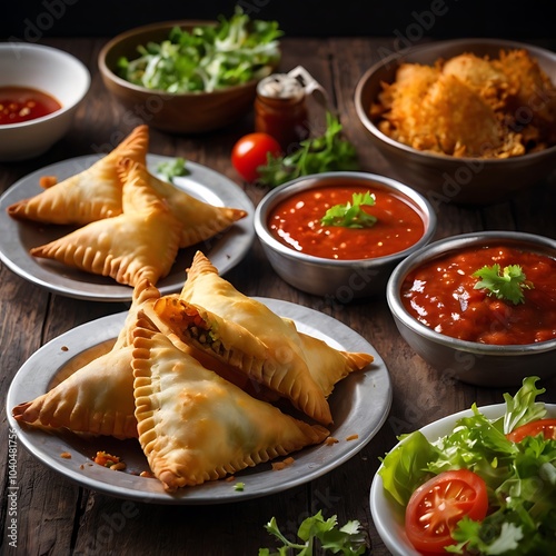 Samosas assortment with Tomato Sauce with some salad served