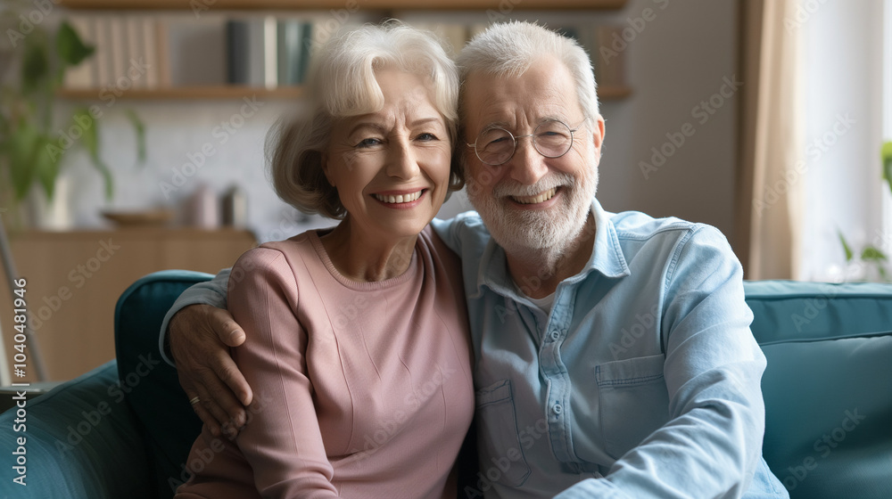 Elderly Caucasian couple smiling and embracing at home. Elderly Caucasian couple smiling and embracing at home.