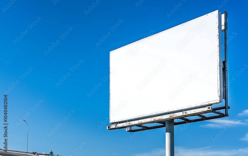 A blank billboard stands against a clear blue sky, ready for advertising opportunities. A blank billboard stands against a clear blue sky, ready for advertising opportunities.