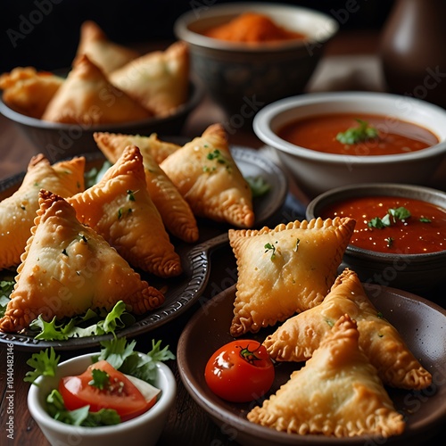 Samosas assortment with Tomato Sauce with some salad served