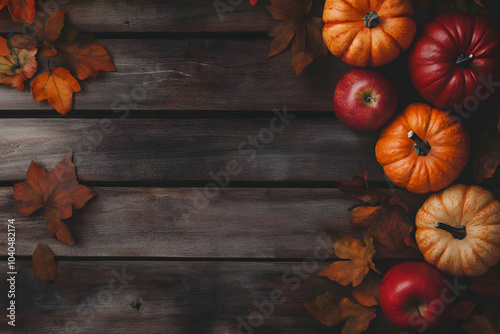 A rustic arrangement of pumpkins and apples on a wooden surface, evoking autumn vibes. Thanksgiving background images and wallpaper.