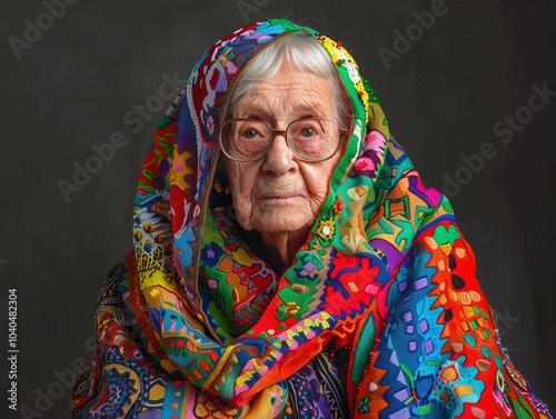 Portrait of an aged woman adorned in a colorful embroidered shawl photo