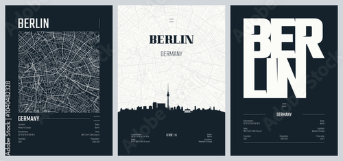 Set of travel posters with Berlin, detailed urban street plan city map, Silhouette city skyline, vector artwork, set 2