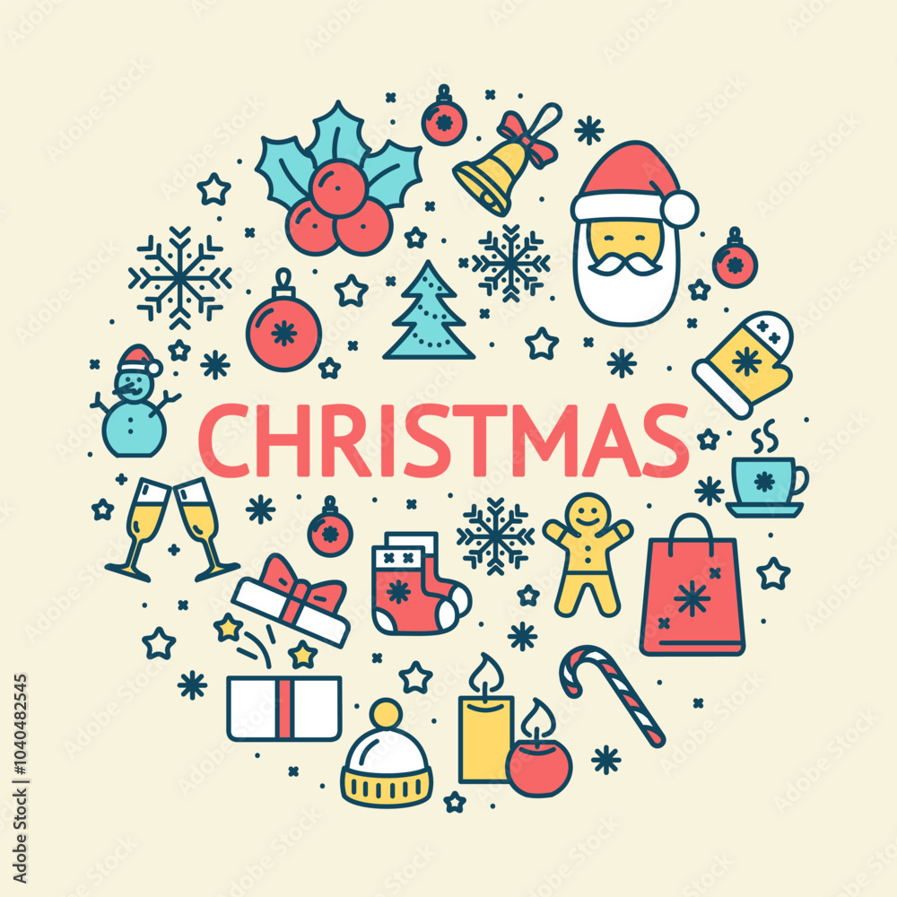 Fototapeta premium Christmas Sign Round Design Template Color Thin Line Icon Banner. Vector illustration of Celebration Winter Holiday Concept