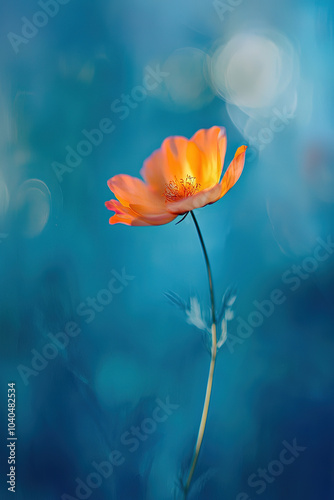 Blurred orange flower on a blue background