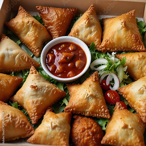 Samosas assortment with Tomato Sauce with some salad served