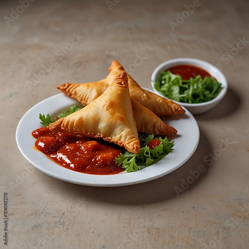 Samosas assortment with Tomato Sauce with some salad served