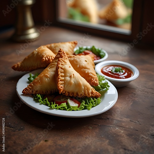Samosas assortment with Tomato Sauce with some salad served
