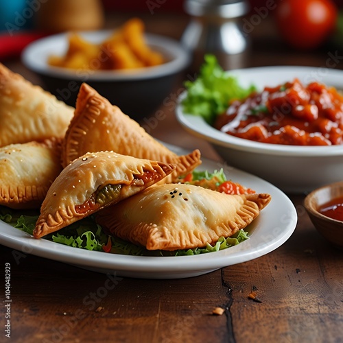 Samosas assortment with Tomato Sauce with some salad served
