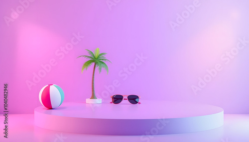 3D render, purple summer concept with empty podium for showing product decorate with summer beach ball, tree and sunglasses on pastel background isolated with white highlights, png