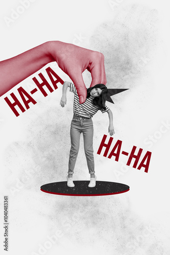 Vertical photo collage of upset girl marionette toy hand exploitation mocking ha ha bullying insult victim isolated on painted background