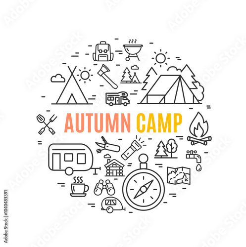 Autumn Camp Sign Round Design Template Thin Line Icon Banner. Vector illustration of Seasonal Camping Tourism