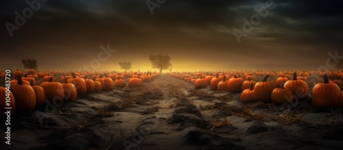 A misty path leading through a field of pumpkins at sunset.