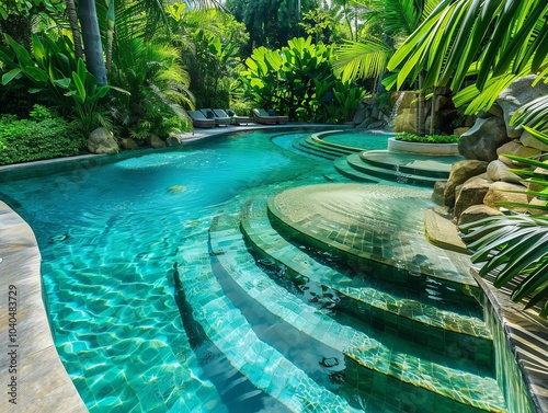 A serene pool surrounded by lush tropical plants and steps leading into the water, showcasing a tranquil resort atmosphere photo