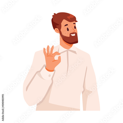 Bearded Man Character Showing Ok Hand Gesture Expressing Emotion with Body Language Vector Illustration