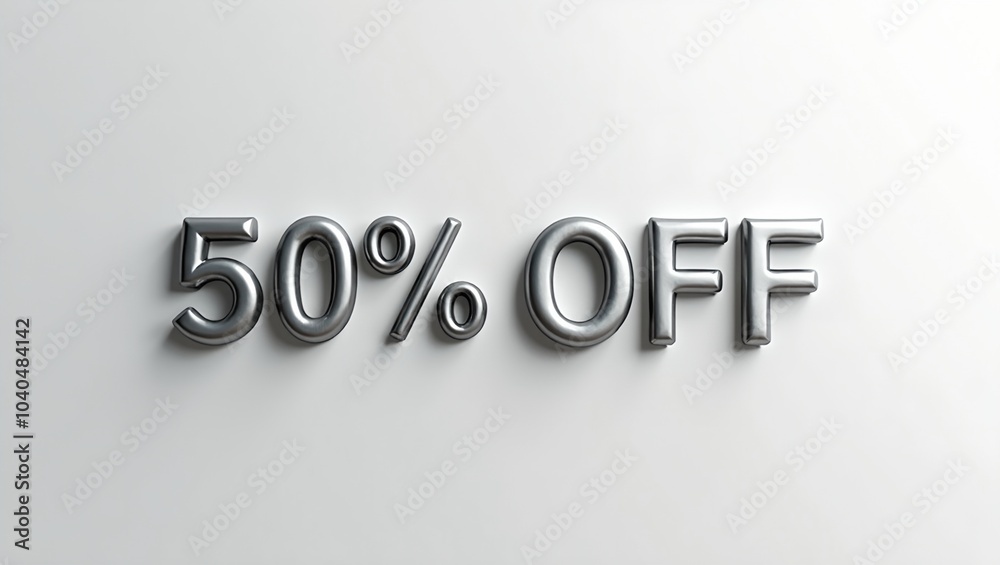 Stylish 50 OFF in silver 3D letters on white background Stylish 50 OFF in silver 3D letters on white background