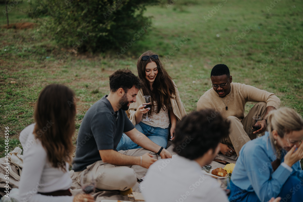 A group of multiracial friends enjoying a relaxing picnic on a cloudy day outdoors. Laughter and camaraderie fill the air as they share food and stories. A group of multiracial friends enjoying a relaxing picnic on a cloudy day outdoors. Laughter and camaraderie fill the air as they share food and stories.