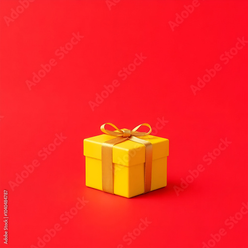 Yellow gift box on red Background background, Christmas or New Year