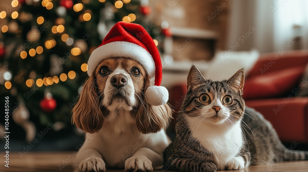 Christmas and New Year Background with Cute Pets and Festive Decorations