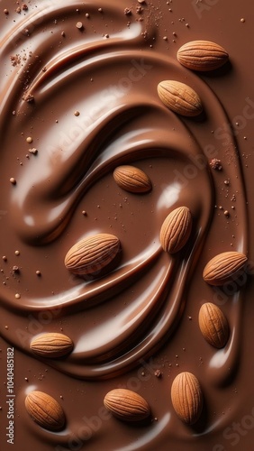 Background of waves of melted chocolate (white, milk, bitter, dark) with whole almonds. World Chocolate Day concept photo