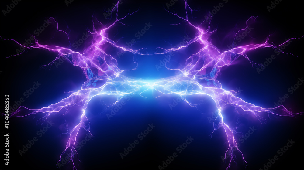Electric Lightning Bolts in Neon Blue and Purple Cutting Across a Dark Background for a Dramatic Visual Effect Electric Lightning Bolts in Neon Blue and Purple Cutting Across a Dark Background for a Dramatic Visual Effect