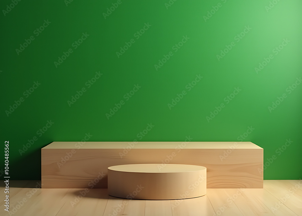 Product presented on a wooden podium in front of a green wall with a wooden podium behind it completely. Product presented on a wooden podium in front of a green wall with a wooden podium behind it completely.