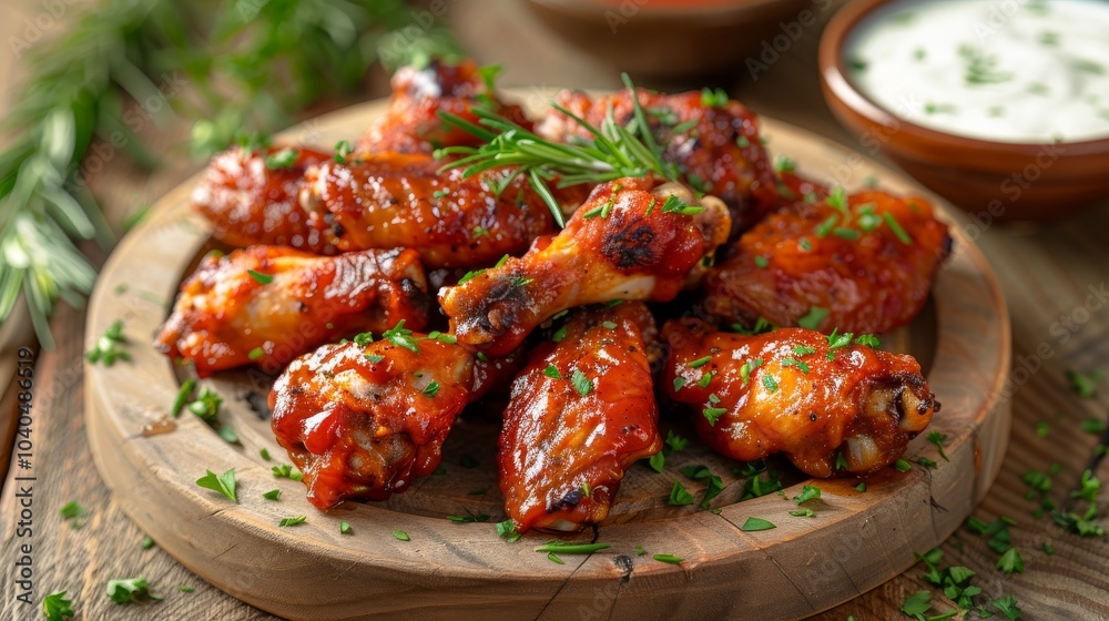 Chicken wings with ranch on a wooden table, white background Chicken wings with ranch on a wooden table, white background