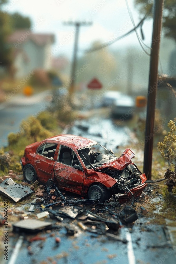 Fototapeta premium Miniature art of car insurance agent examining damage after an accident in a suburban area, under an overcast sky.