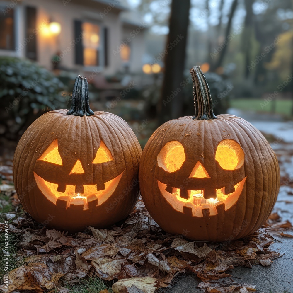 Fototapeta premium Two carved pumpkins with lit candles inside on a porch during the fall.
