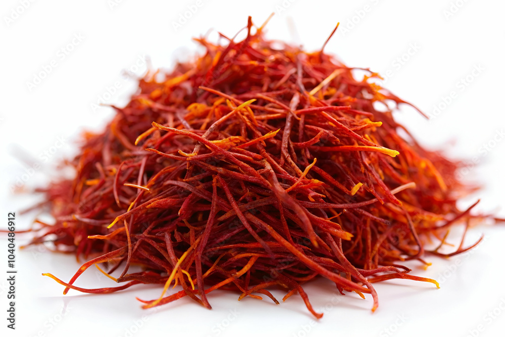 Naklejka premium A vibrant pile of saffron threads, renowned for their culinary uses and distinct flavor, displayed on a white background.