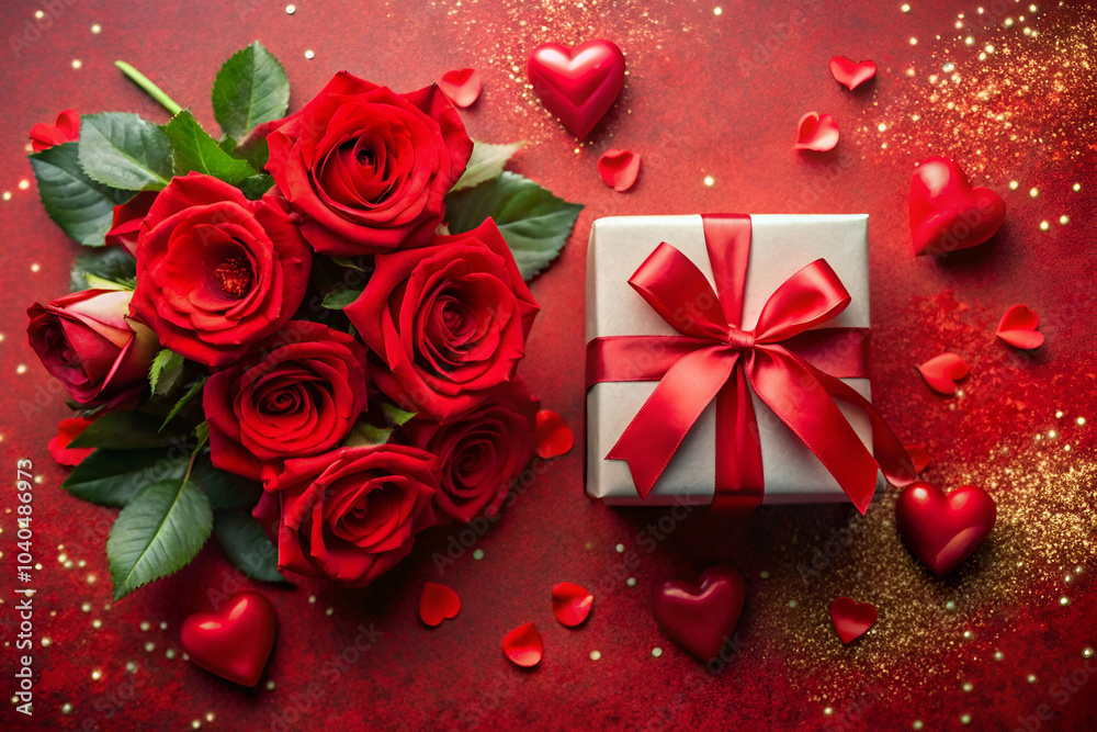 A beautiful arrangement of red roses next to a gift box adorned with a red ribbon, set against a festive red backdrop with heart-shaped decorations. A beautiful arrangement of red roses next to a gift box adorned with a red ribbon, set against a festive red backdrop with heart-shaped decorations.