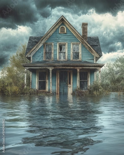 Miniature art of a flooded house, with an insurance adjuster documenting damage under a stormy sky.