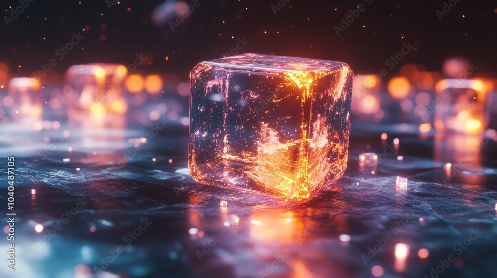 A 3D blockchain cube floating in space with other glowing blocks in the distance A 3D blockchain cube floating in space with other glowing blocks in the distance