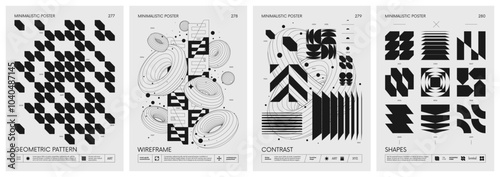 Brutalist style vector minimalistic Posters with silhouette basic figures, Retro futuristic graphic elements of geometrical shapes rave composition, Modern monochrome print artwork, set 70