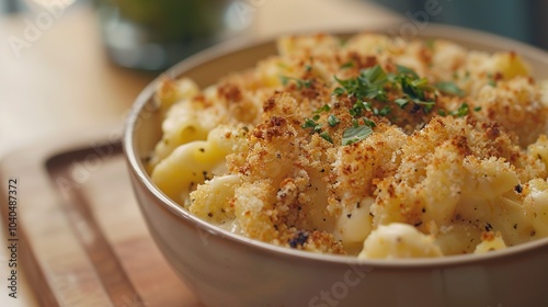 A bowl of creamy mac and cheese with a golden breadcrumb topping