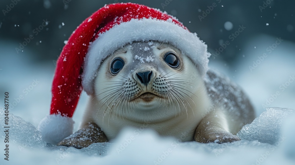 Obraz premium Seal pup wearing a Santa hat resting on a snow-covered beach during winter