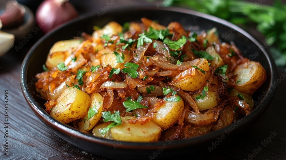 Dish of fried potatoes and onions with parsley as a garnish Dish of fried potatoes and onions with parsley as a garnish