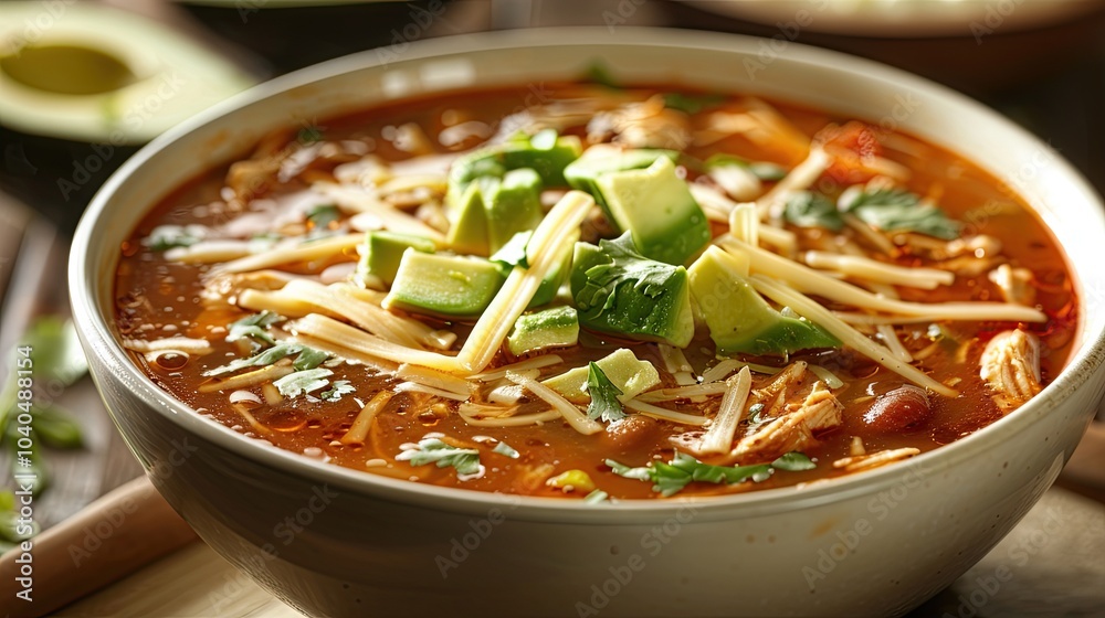 A bowl of flavorful chicken tortilla soup topped with avocado, cheese, and tortilla strips A bowl of flavorful chicken tortilla soup topped with avocado, cheese, and tortilla strips