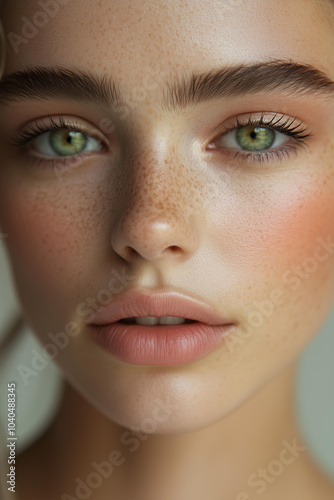 close-up of the model's face, featuring pink blush on her cheeks and pastel eyeshadow that accentuates her green eyes. The skin is smooth with subtle freckles around the nose