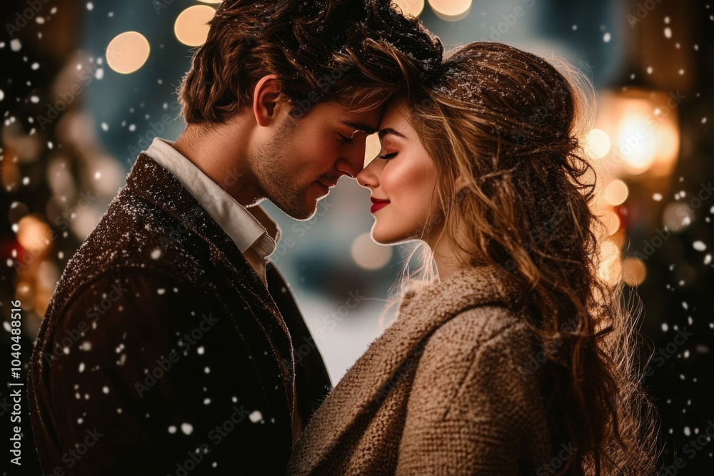 Young couple kissing under bright Christmas lights on New Year's Eve. Young couple kissing under bright Christmas lights on New Year's Eve.