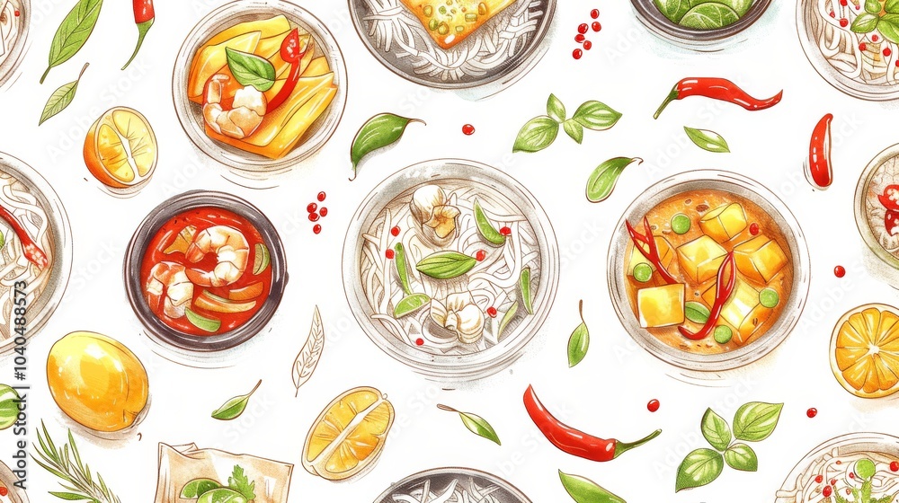 Thai cuisine hand-drawn seamless pattern with sketches of spicy seafood salad, chicken green curry, and coconut soup. Vector isolated on white background for cafe decor