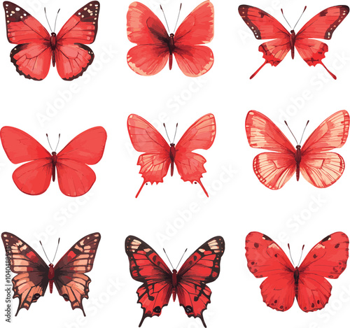 set of red butterflies, vector set