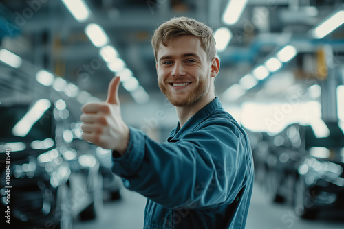 attractive car mechanic smiling and holding up his right hand with the thumb pointing up . He is wearing blue overalls. 