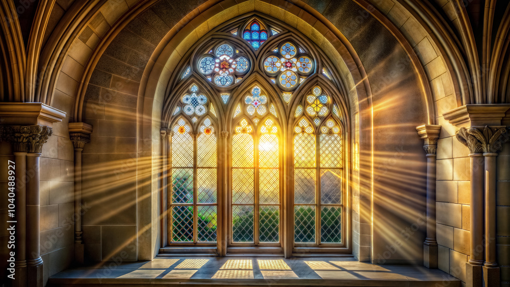 Stained glass windows with sun rays, gothic cathedral, church. Stained glass windows with sun rays, gothic cathedral, church.