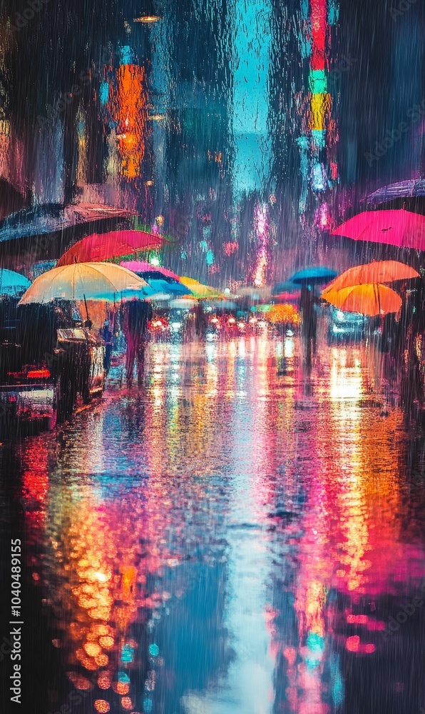 Naklejka premium Rainy night with colorful umbrellas and city lights.
