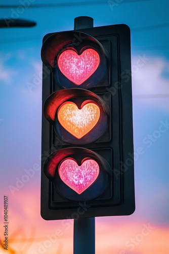 raffic light with three hearts on it, in red, pink, pastel pink colors, with a Valentine's Day aesthetic photo