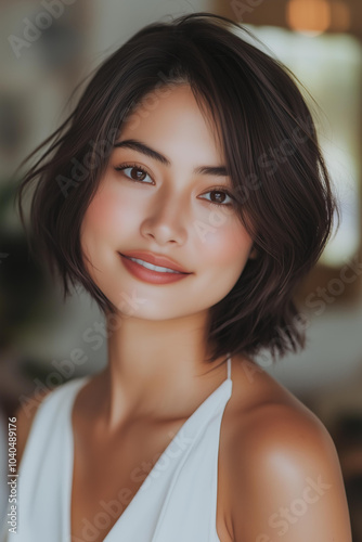 woman with dark brown hair styled in an elegant and short bob cut, wearing a white top. She has a warm skin tone and is smiling at the camera. The background features soft lighting and natural element Free Download woman with dark brown hair styled in an elegant and short bob cut, wearing a white top. She has a warm skin tone and is smiling at the camera. The background features soft lighting and natural element - GFXLoad